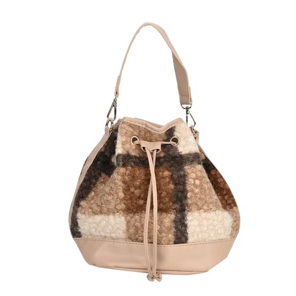 Handbags - Beige/Tan/Black  Bucket Bag with Checker Pattern Faux Fur Design